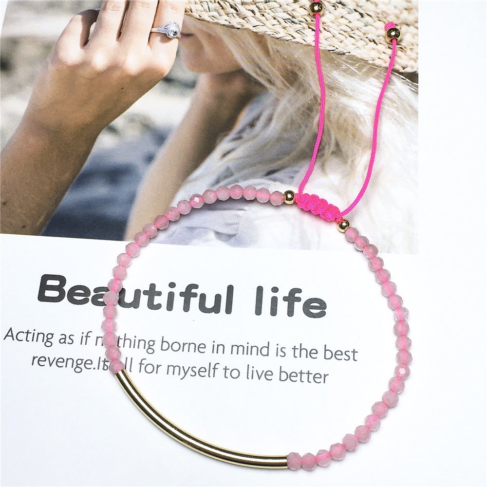 Natural Pink Rose Quartz Gemstone Braid Rope Macrame Adjustable Bracelet Tiny Beads Gemstone Bracelet with Gold Spacer