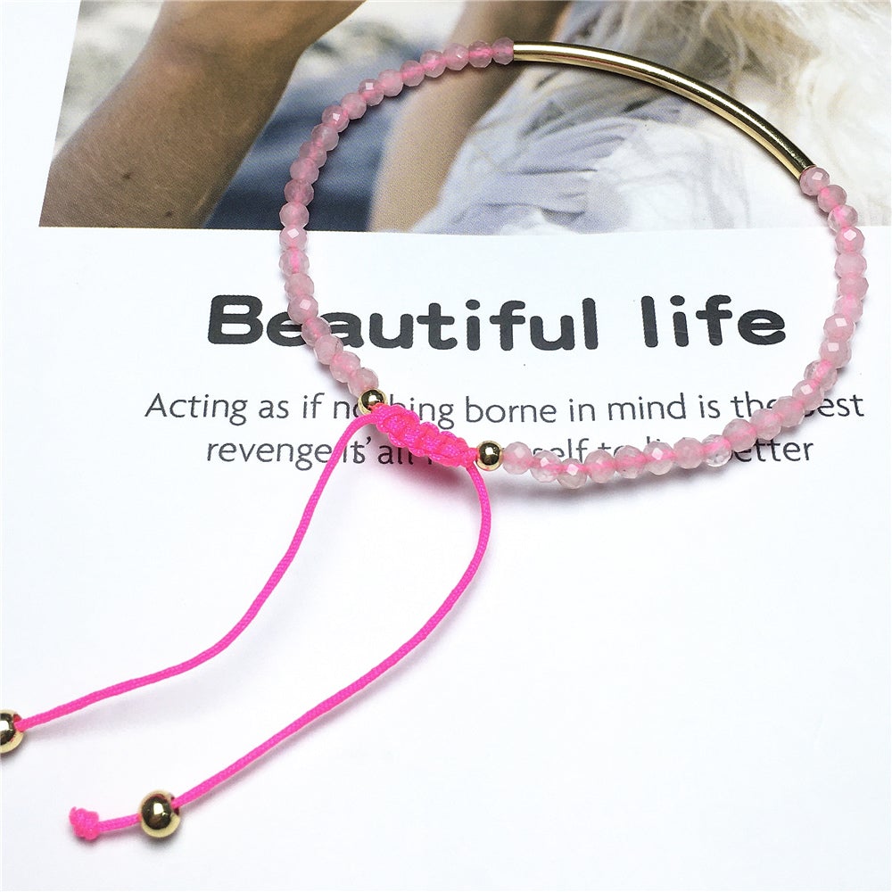Natural Pink Rose Quartz Gemstone Braid Rope Macrame Adjustable Bracelet Tiny Beads Gemstone Bracelet with Gold Spacer