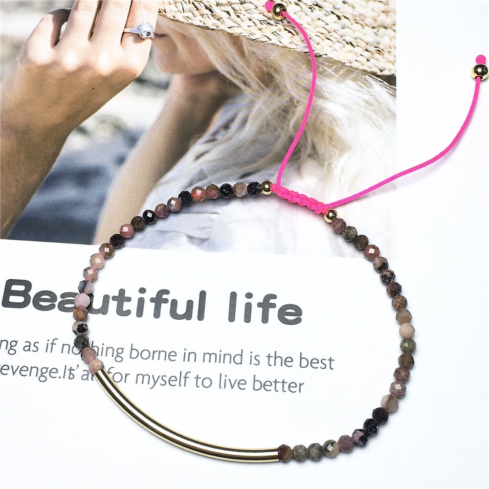 Natural Pink Rhodonite Gemstone Braid Rope Macrame Adjustable Bracelet Tiny Beads Gemstone Bracelet with Gold Spacer