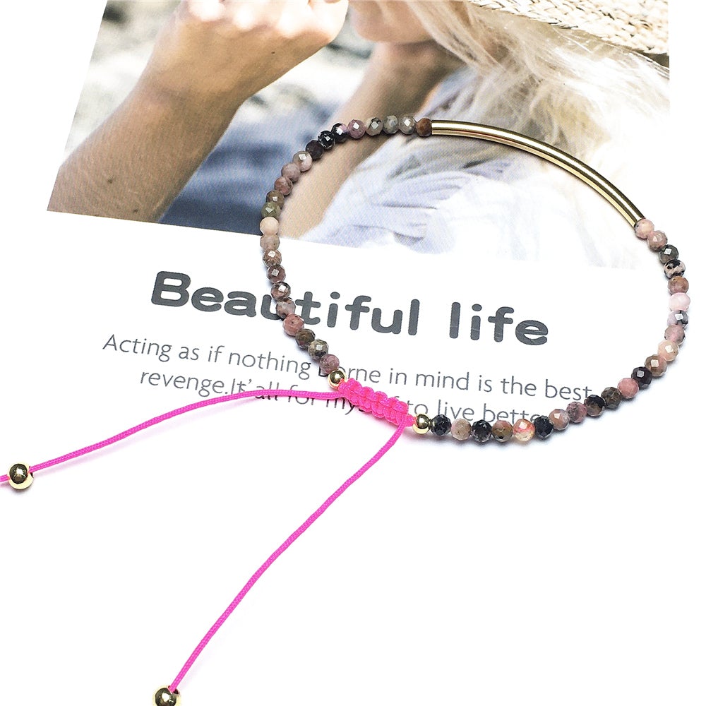 Natural Pink Rhodonite Gemstone Braid Rope Macrame Adjustable Bracelet Tiny Beads Gemstone Bracelet with Gold Spacer