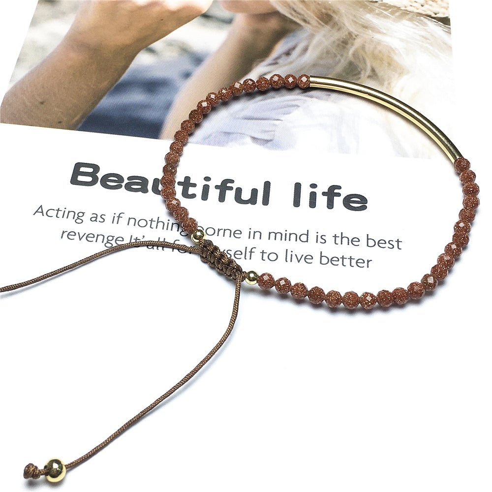 Natural Gold Sandstone Gemstone Braid Rope Macrame Adjustable Bracelet Tiny Beads Gemstone Bracelet with Gold Spacer