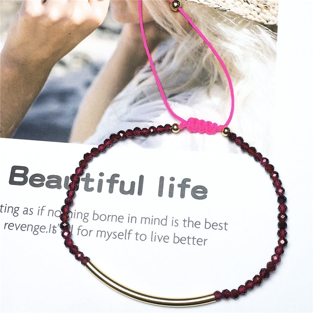 Natural Garnet Gemstone Braid Rope Macrame Adjustable Bracelet Tiny Beads Gemstone Bracelet with Gold Spacer