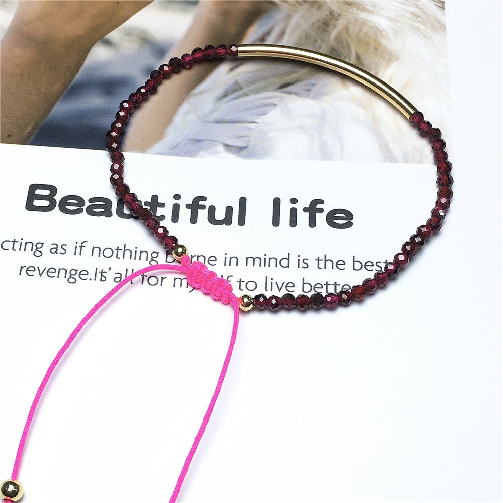 Natural Garnet Gemstone Braid Rope Macrame Adjustable Bracelet Tiny Beads Gemstone Bracelet with Gold Spacer