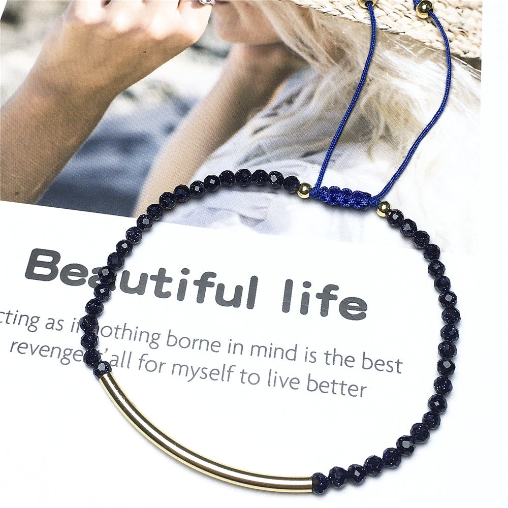 Natural Blue Sandstone Gemstone Braid Rope Macrame Adjustable Bracelet Tiny Beads Gemstone Bracelet with Gold Spacer