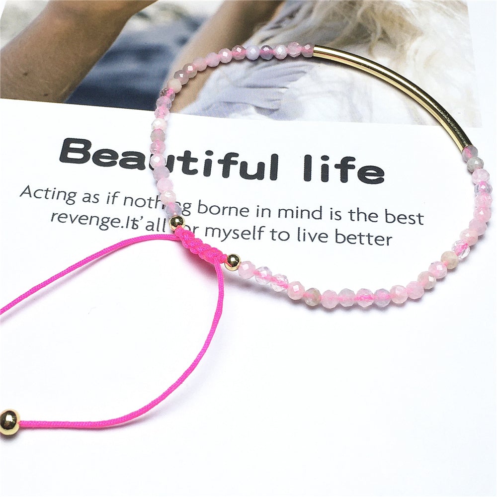 Natural Morganite Gemstone Braid Rope Macrame Adjustable Bracelet Tiny Beads Gemstone Bracelet with Gold Spacer