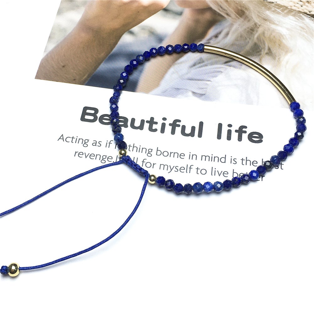 Natural Lapis Lazuli Gemstone Braid Rope Macrame Adjustable Bracelet Tiny Beads Gemstone Bracelet with Gold Spacer