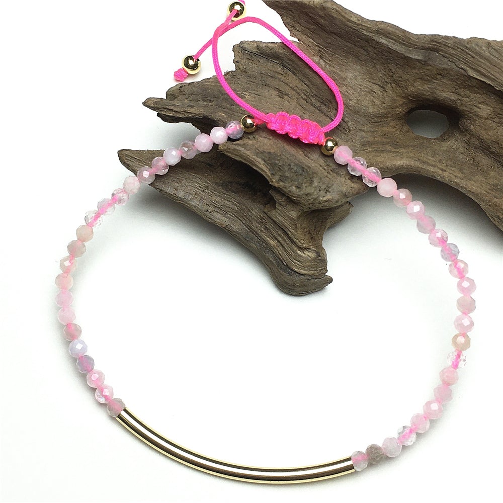 Natural Morganite Gemstone Braid Rope Macrame Adjustable Bracelet Tiny Beads Gemstone Bracelet with Gold Spacer