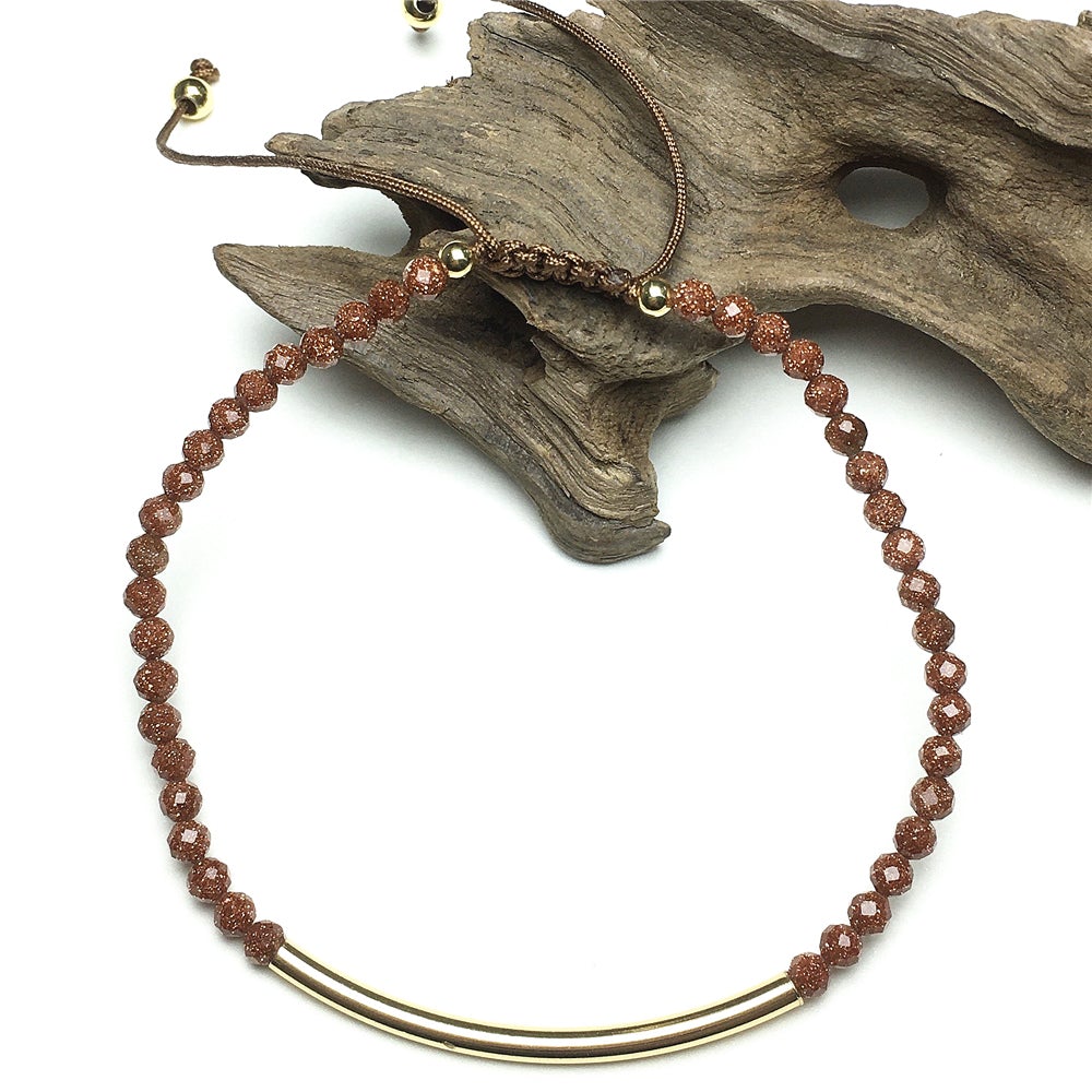 Natural Gold Sandstone Gemstone Braid Rope Macrame Adjustable Bracelet Tiny Beads Gemstone Bracelet with Gold Spacer