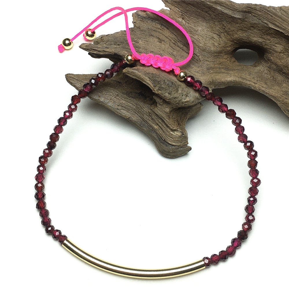 Natural Garnet Gemstone Braid Rope Macrame Adjustable Bracelet Tiny Beads Gemstone Bracelet with Gold Spacer