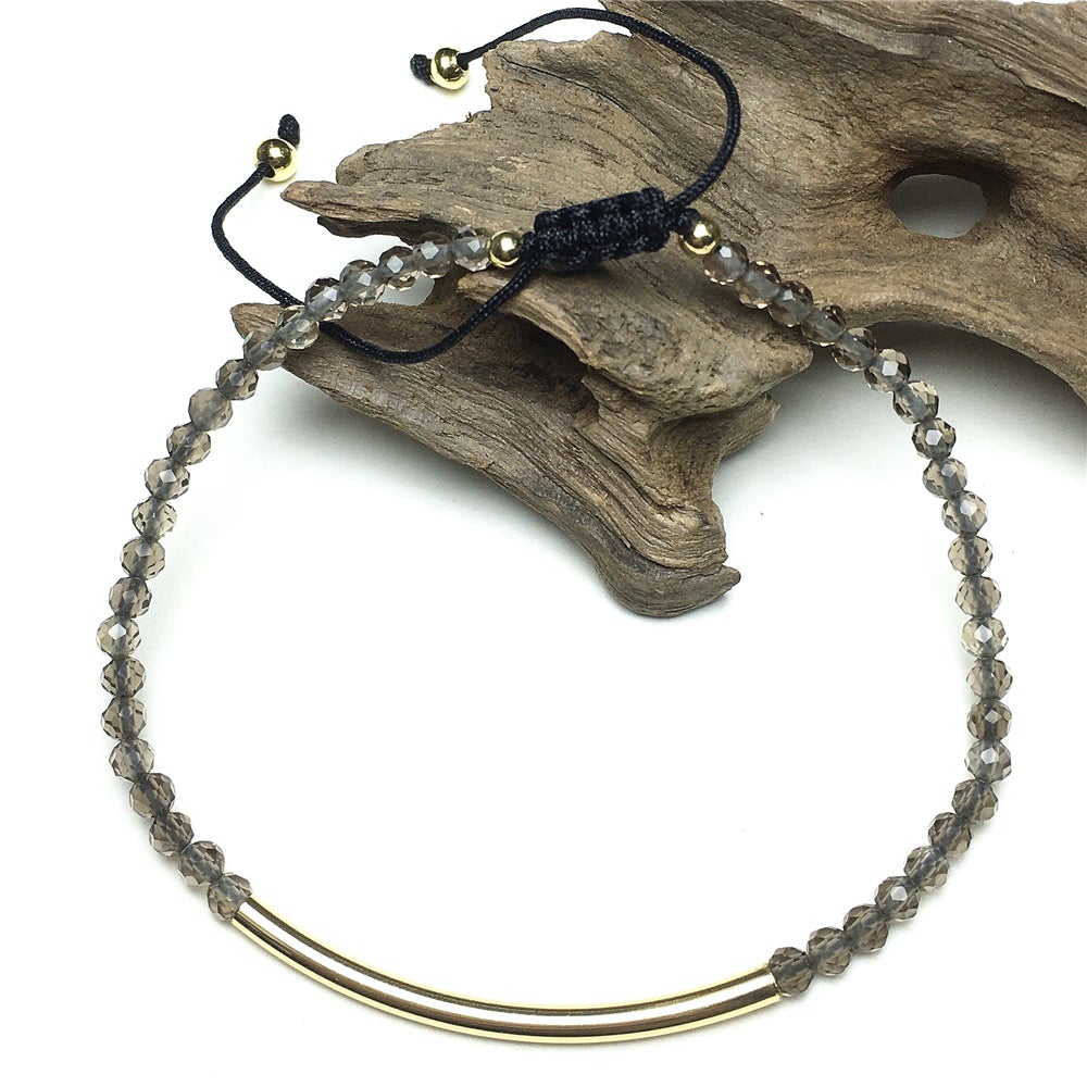 Natural Smoky Quartz Gemstone Braid Rope Macrame Adjustable Bracelet Tiny Beads Gemstone Bracelet with Gold Spacer