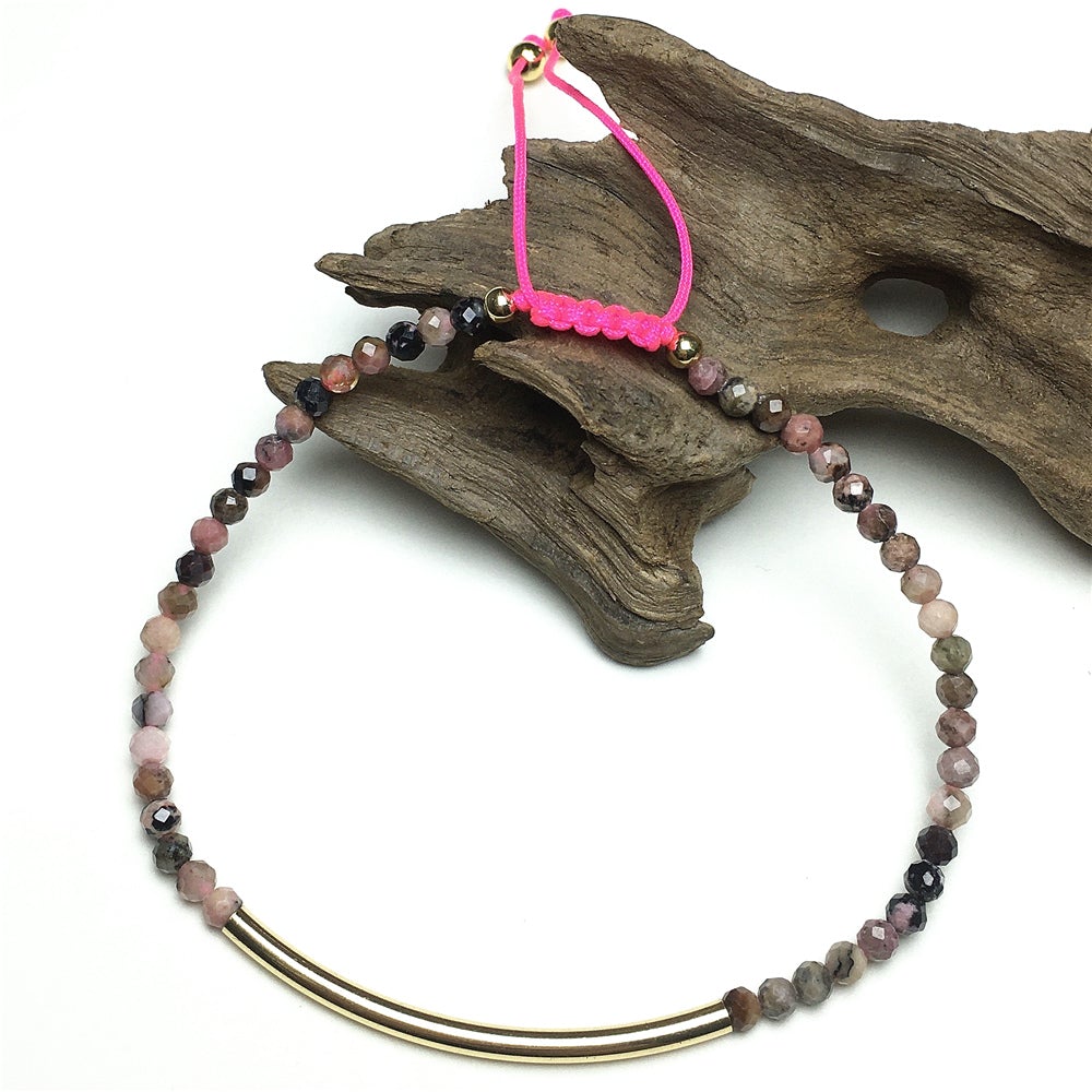 Natural Pink Rhodonite Gemstone Braid Rope Macrame Adjustable Bracelet Tiny Beads Gemstone Bracelet with Gold Spacer