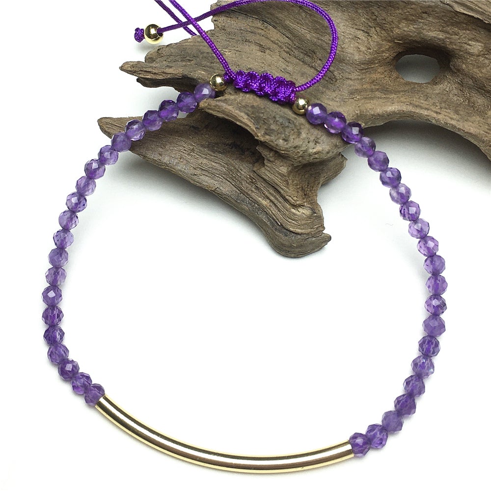 Natural Amethyst Gemstone Braid Rope Macrame Adjustable Bracelet Tiny Beads Gemstone Bracelet with Gold Spacer