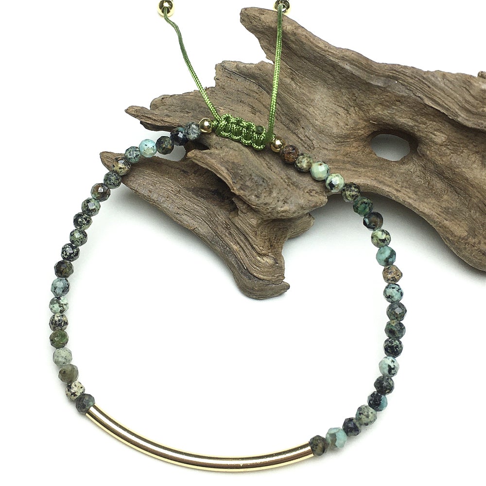 Natural African Turquoise Gemstone Braid Rope Macrame Adjustable Bracelet Tiny Beads Gemstone Bracelet with Gold Spacer