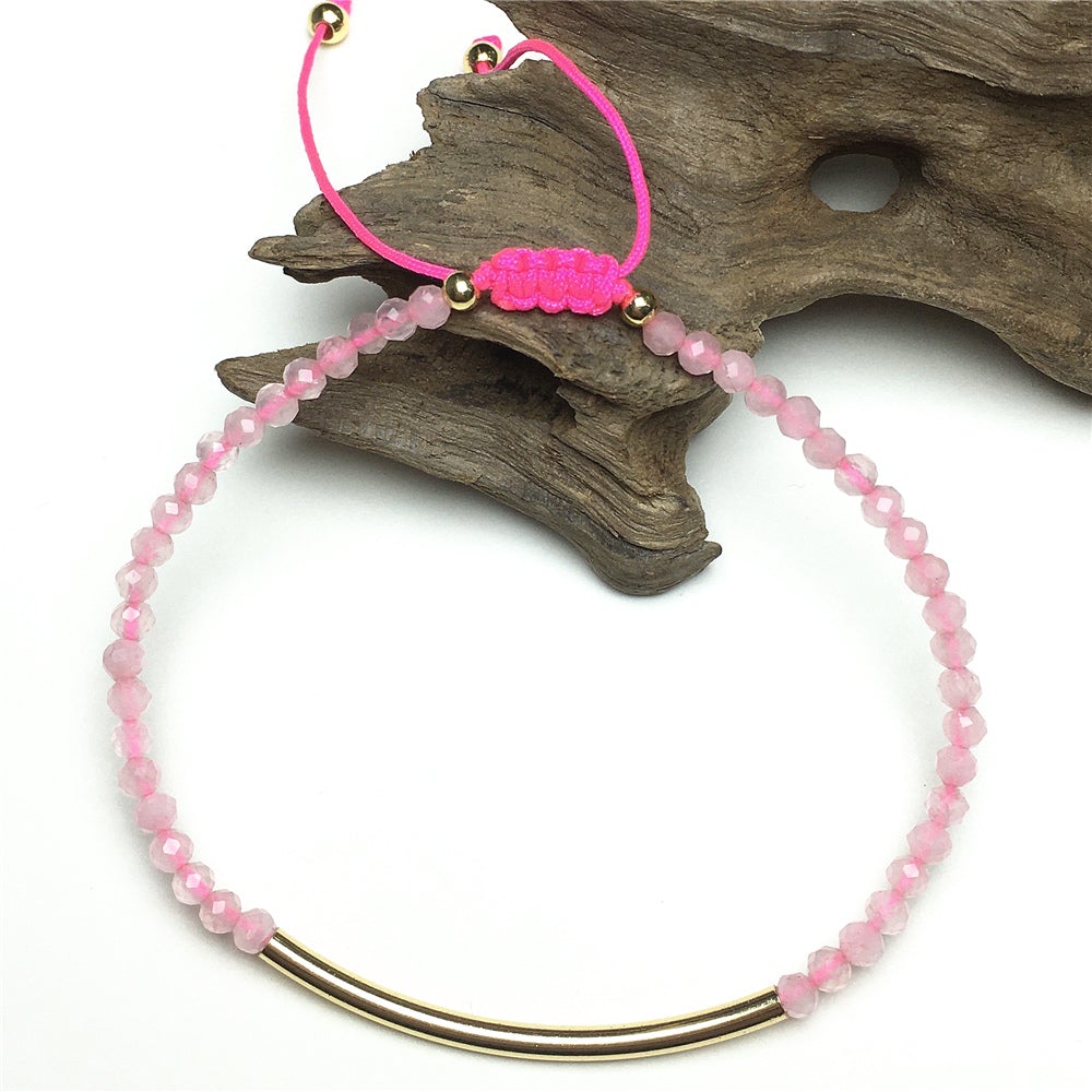Natural Pink Rose Quartz Gemstone Braid Rope Macrame Adjustable Bracelet Tiny Beads Gemstone Bracelet with Gold Spacer