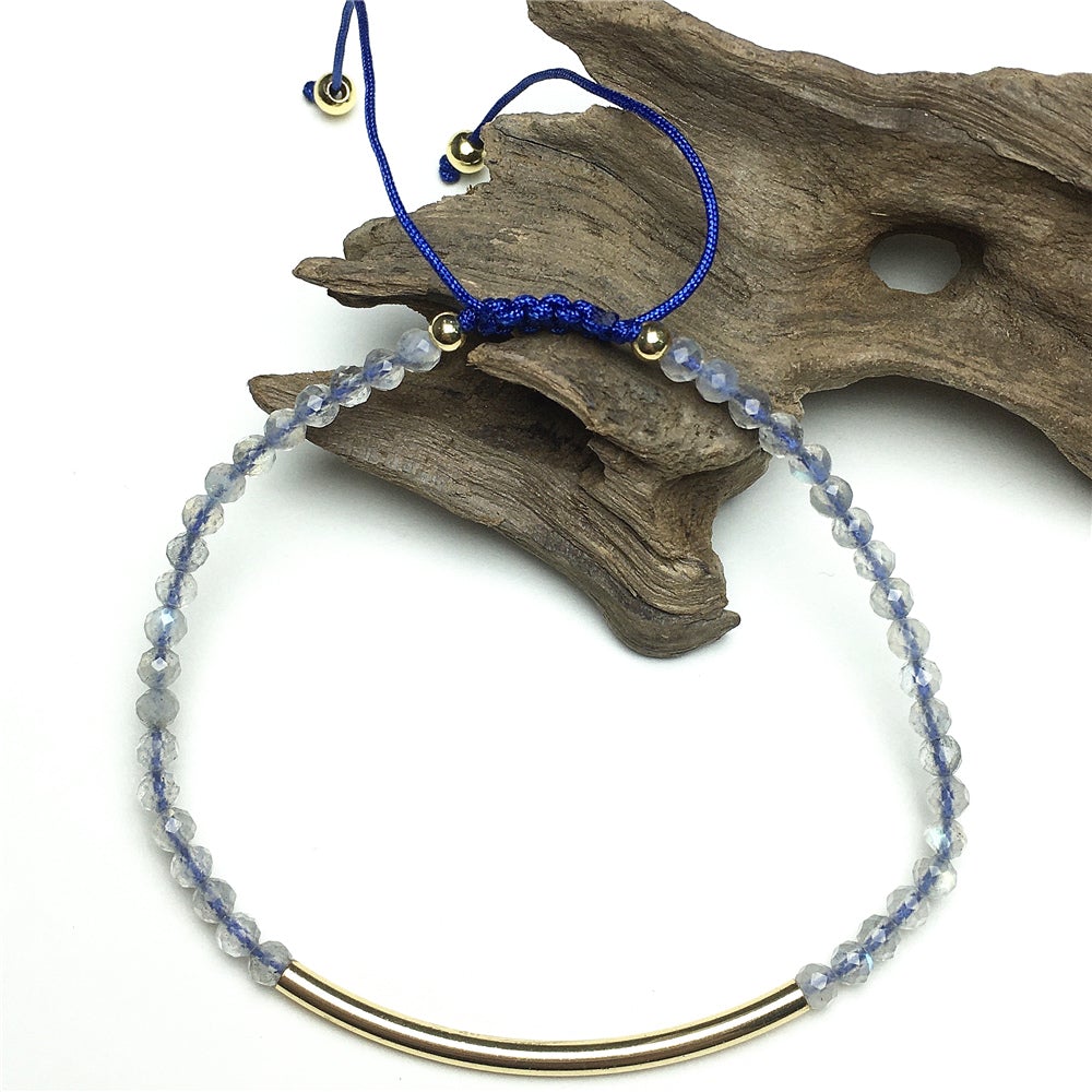 Natural Labradorite Gemstone Braid Rope Macrame Adjustable Bracelet Tiny Beads Gemstone Bracelet with Gold Spacer