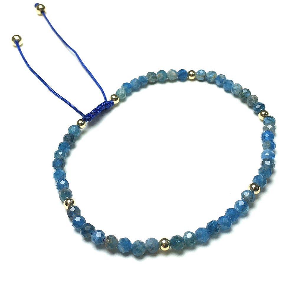 Natural Blue Apatite Gemstone Braid Rope Macrame Adjustable Bracelet Tiny Beads Gemstone Bracelet with Gold Beads Spacer