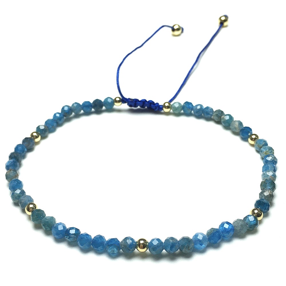 Natural Blue Apatite Gemstone Braid Rope Macrame Adjustable Bracelet Tiny Beads Gemstone Bracelet with Gold Beads Spacer