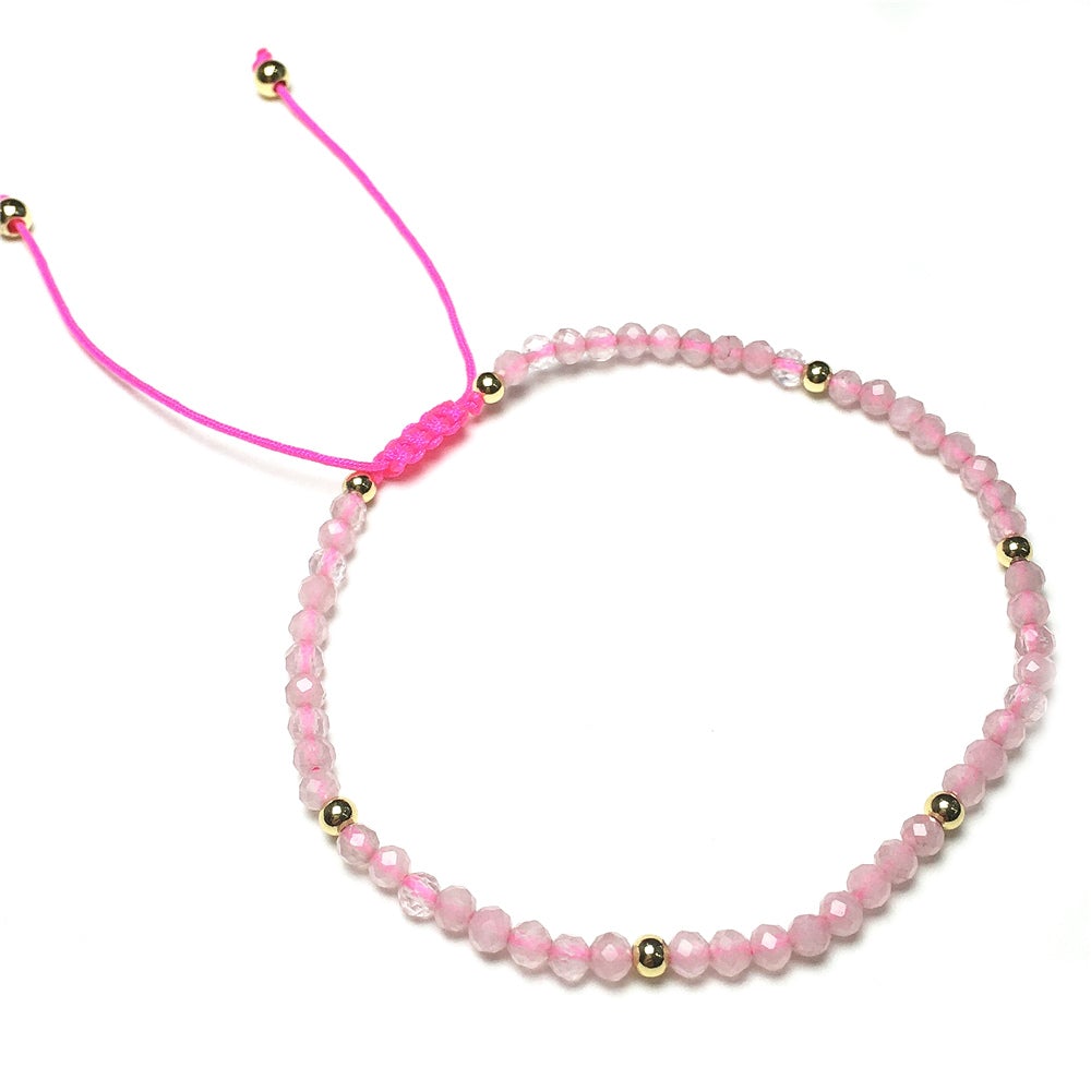 Natural Pink Rose Quartz Gemstone Braid Rope Macrame Adjustable Bracelet Tiny Beads Gemstone Bracelet with Gold Beads Spacer
