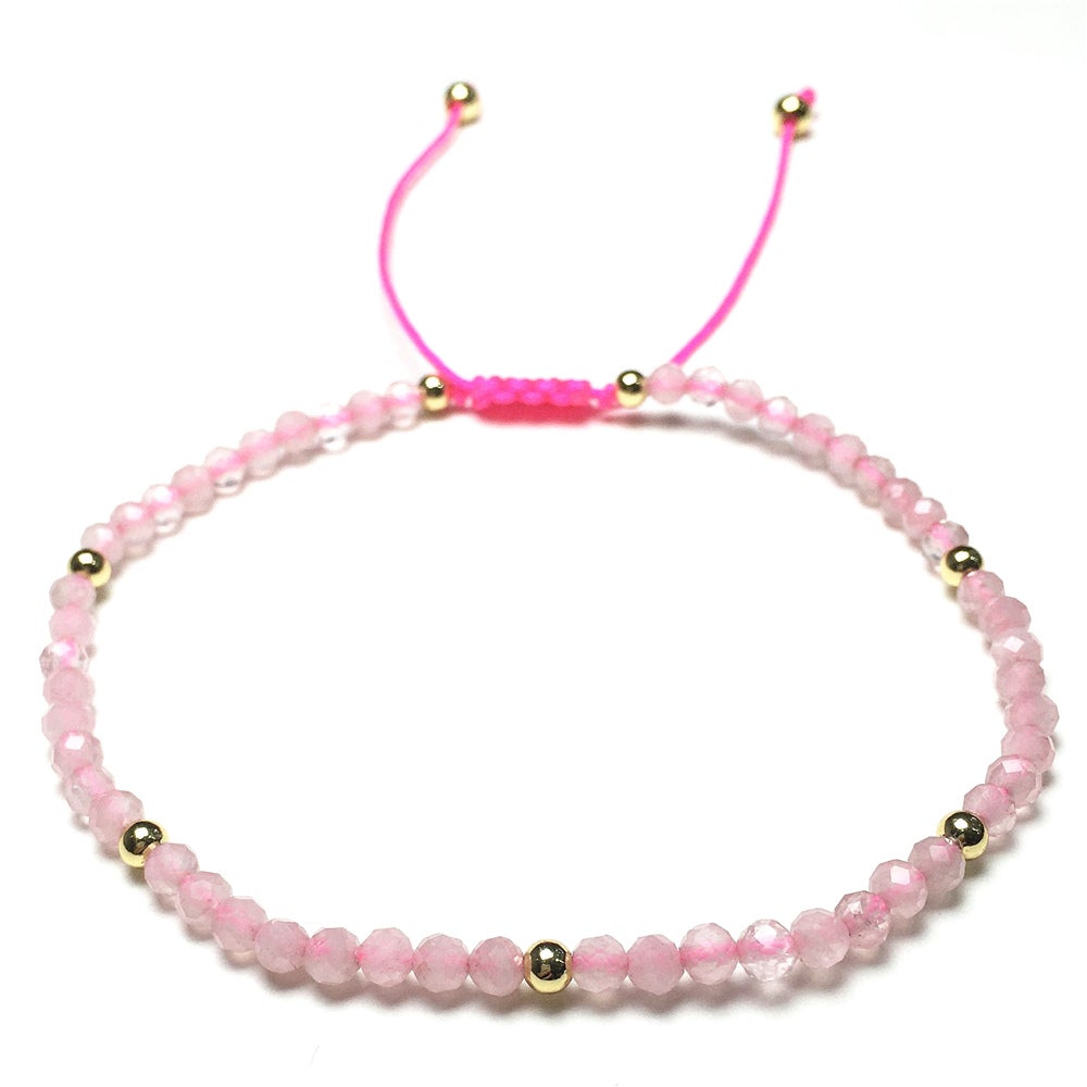 Natural Pink Rose Quartz Gemstone Braid Rope Macrame Adjustable Bracelet Tiny Beads Gemstone Bracelet with Gold Beads Spacer