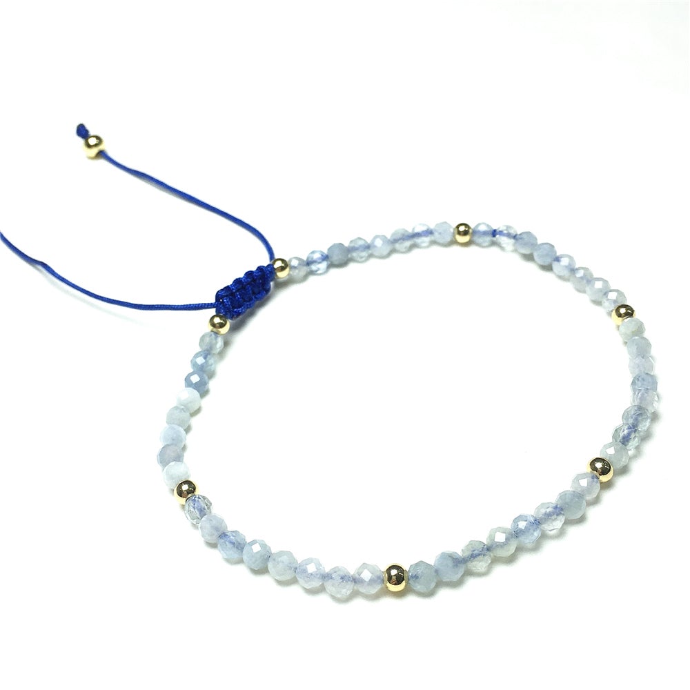 Natural Aquamarine Gemstone Braid Rope Macrame Adjustable Bracelet Tiny Beads Gemstone Bracelet with Gold Beads Spacer