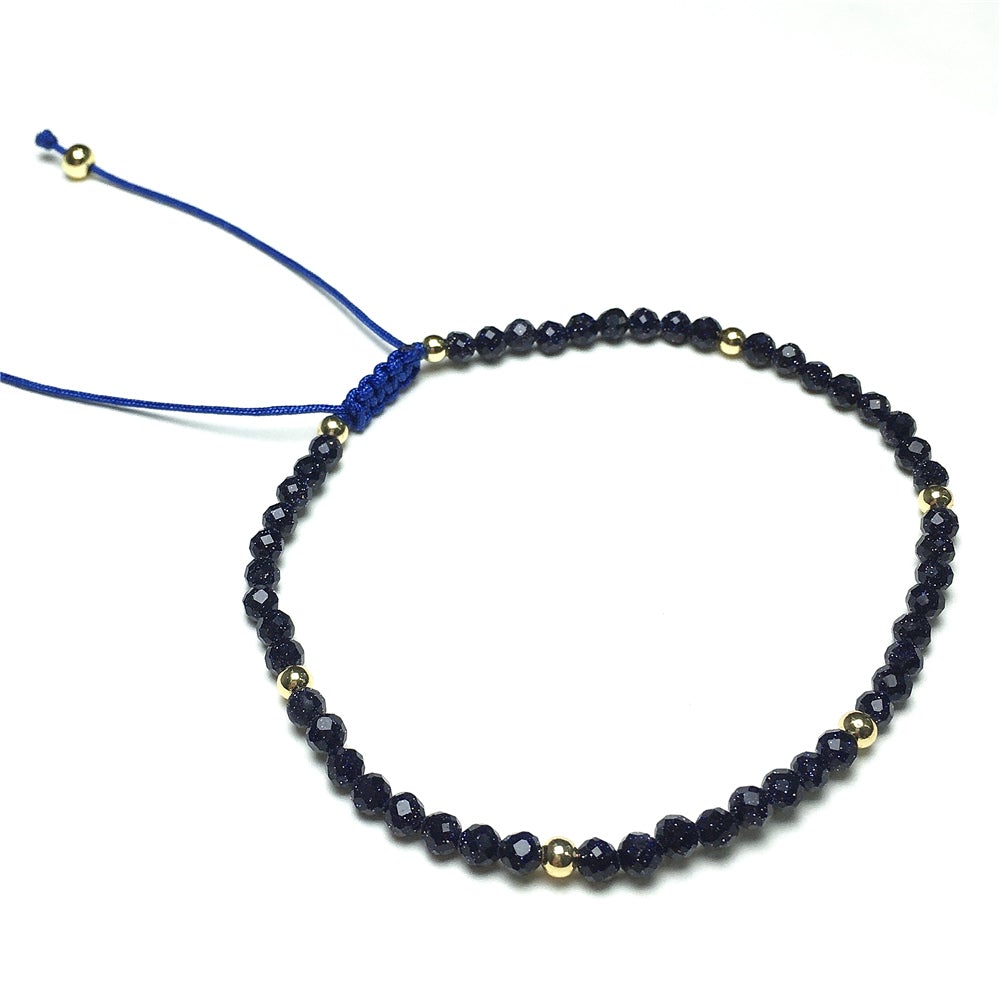 Natural Blue Sandstone Gemstone Braid Rope Macrame Adjustable Bracelet Tiny Beads Gemstone Bracelet with Gold Beads Spacer