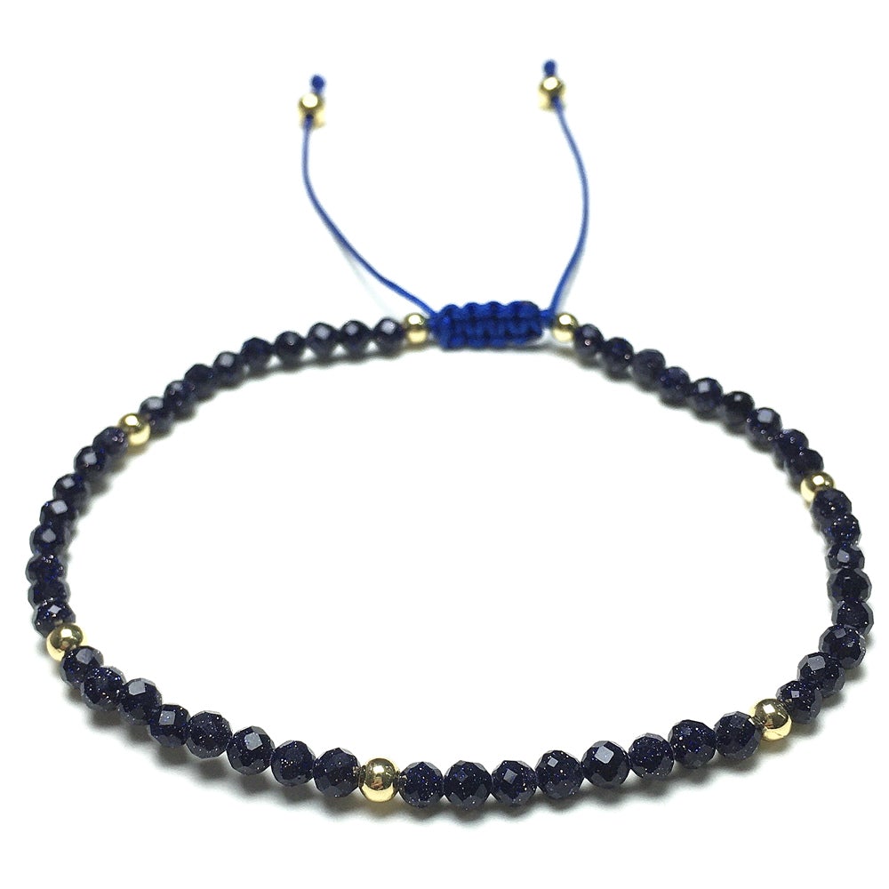 Natural Blue Sandstone Gemstone Braid Rope Macrame Adjustable Bracelet Tiny Beads Gemstone Bracelet with Gold Beads Spacer