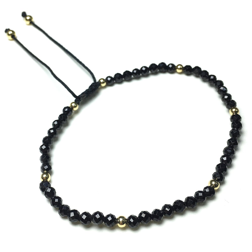Natural Black Spinel Gemstone Braid Rope Macrame Adjustable Bracelet Tiny Beads Gemstone Bracelet with Gold Beads Spacer