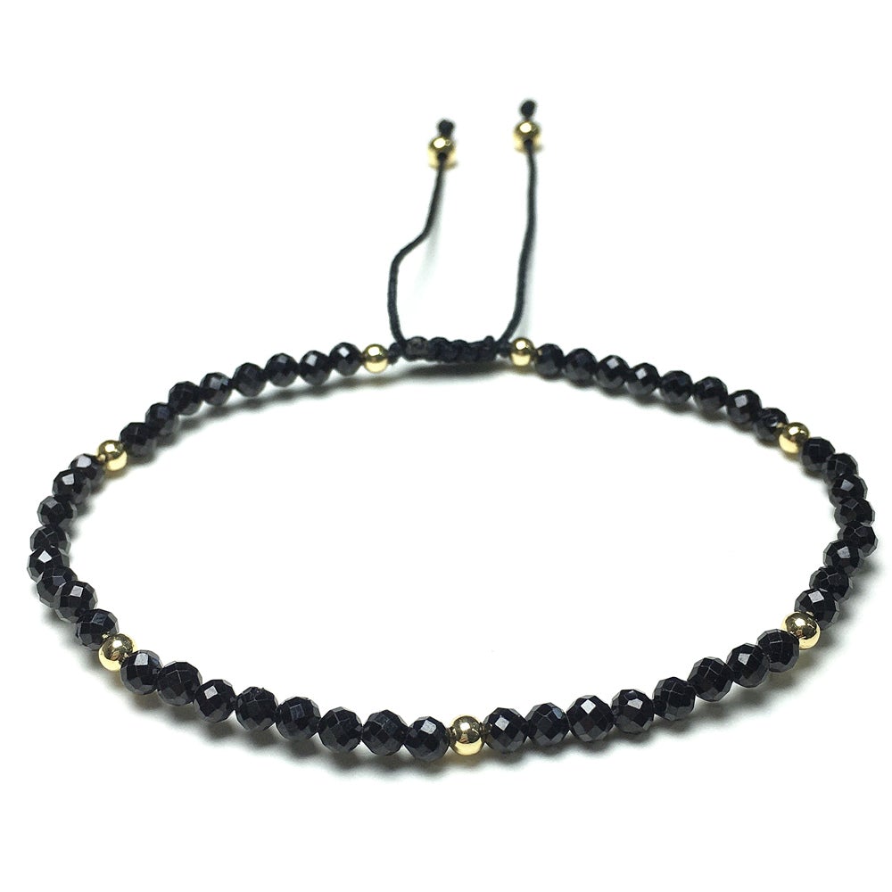 Natural Black Spinel Gemstone Braid Rope Macrame Adjustable Bracelet Tiny Beads Gemstone Bracelet with Gold Beads Spacer