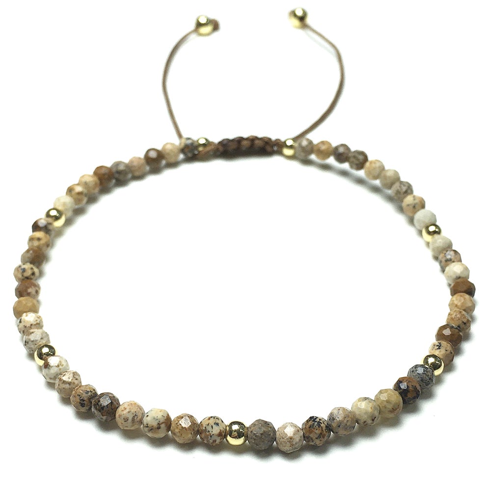 Natural Picture Jasper Gemstone Braid Rope Macrame Adjustable Bracelet Tiny Beads Gemstone Bracelet with Gold Beads Spacer