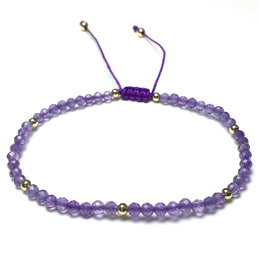 Natural Amethyst Gemstone Braid Rope Macrame Adjustable Bracelet Tiny Beads Gemstone Bracelet with Gold Beads Spacer