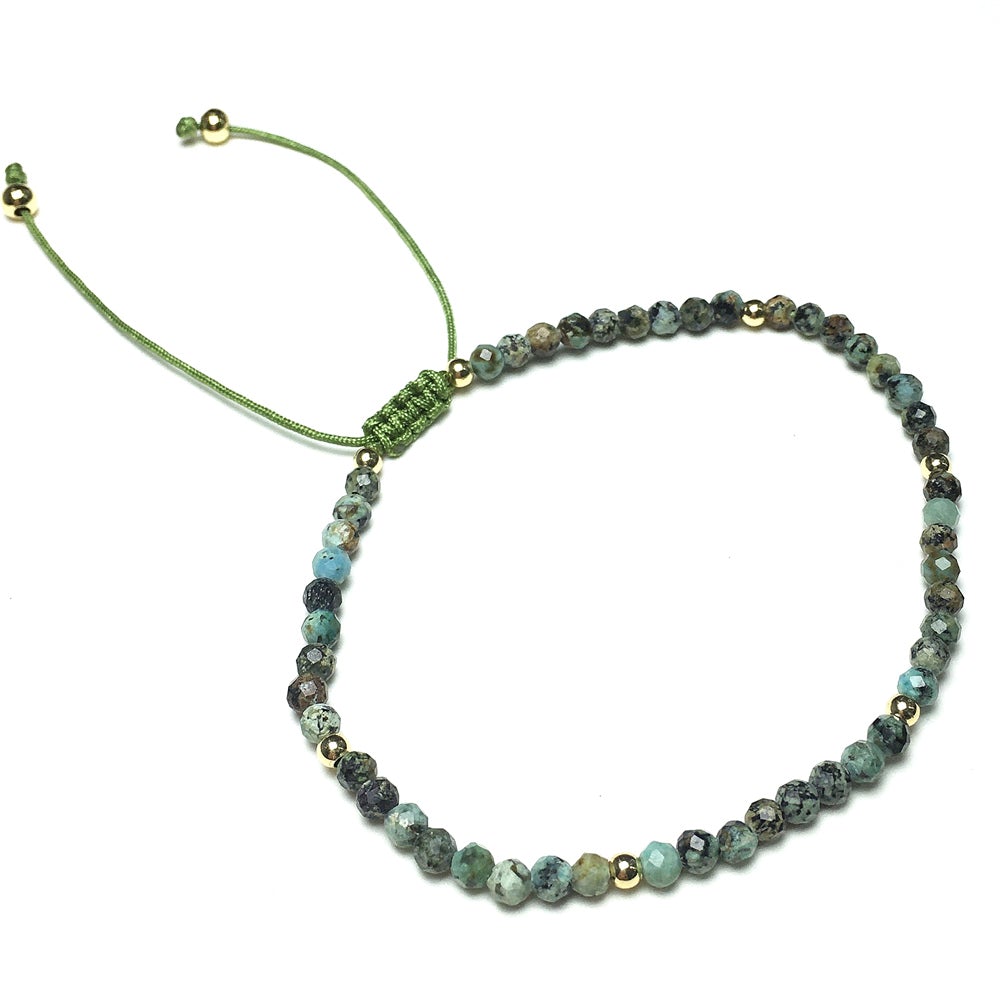 Natural African Turquoise Gemstone Braid Rope Macrame Adjustable Bracelet Tiny Beads Gemstone Bracelet with Gold Beads Spacer