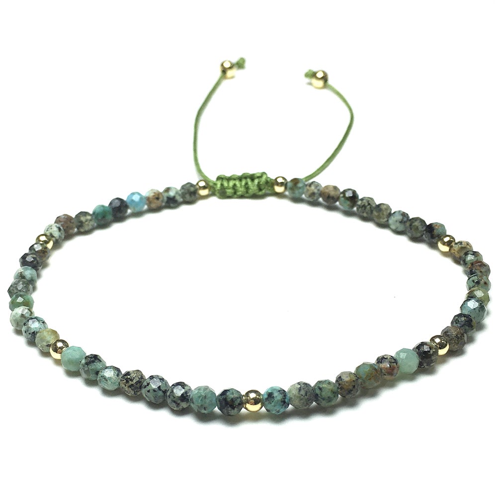 Natural African Turquoise Gemstone Braid Rope Macrame Adjustable Bracelet Tiny Beads Gemstone Bracelet with Gold Beads Spacer