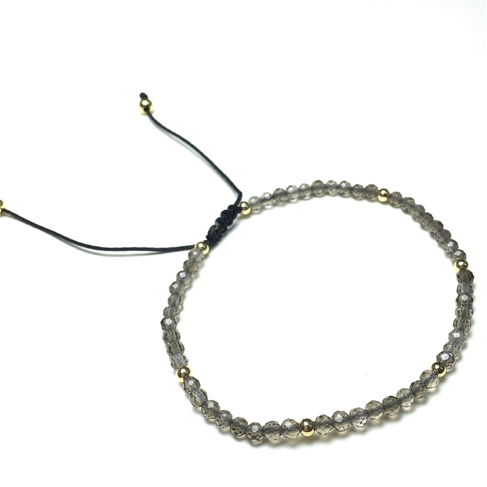 Natural Smoky Quartz Gemstone Braid Rope Macrame Adjustable Bracelet Tiny Beads Gemstone Bracelet with Gold Beads Spacer