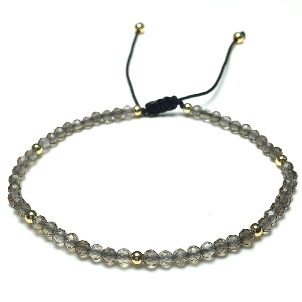 Natural Smoky Quartz Gemstone Braid Rope Macrame Adjustable Bracelet Tiny Beads Gemstone Bracelet with Gold Beads Spacer