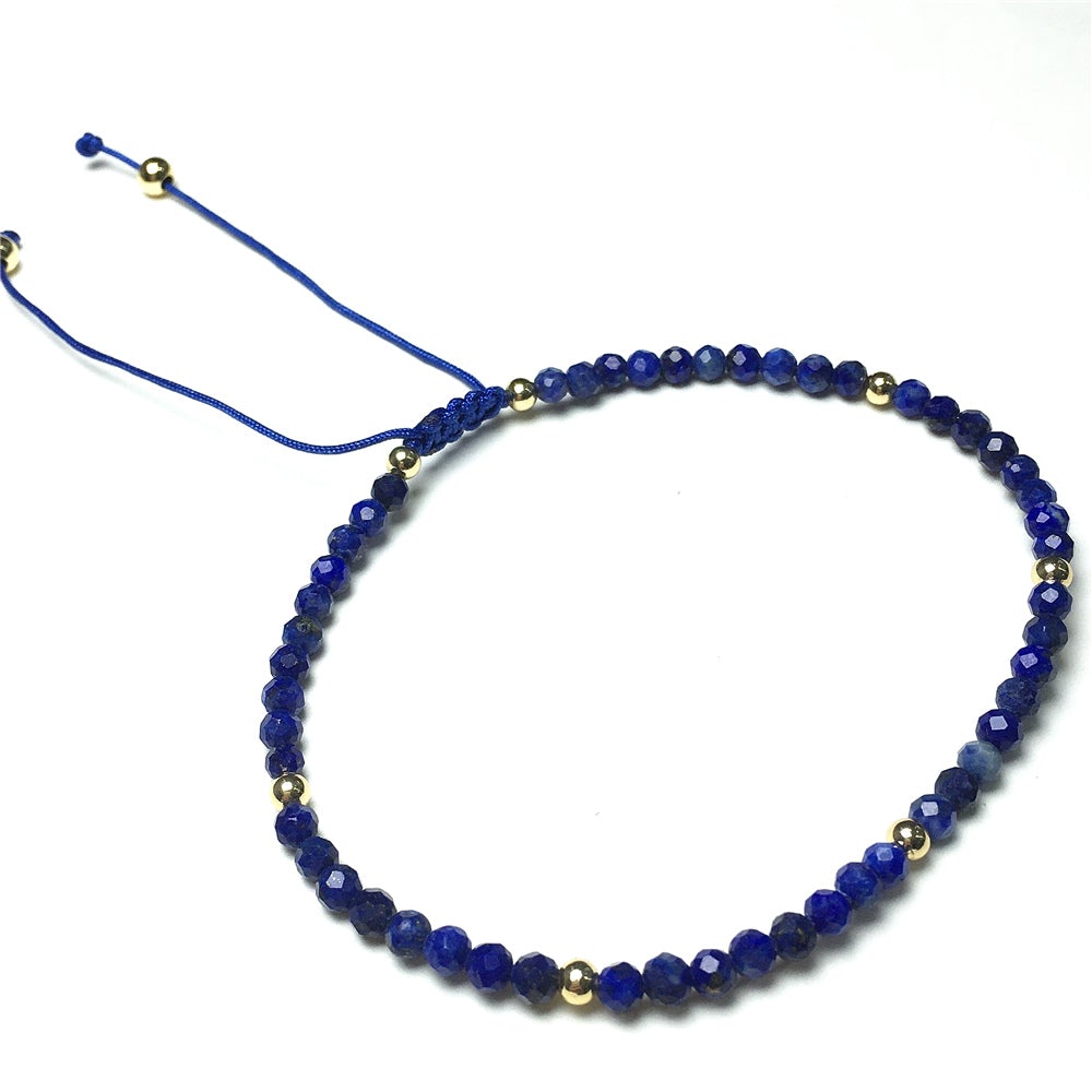 Natural Lapis Lazuli Gemstone Braid Rope Macrame Adjustable Bracelet Tiny Beads Gemstone Bracelet with Gold Beads Spacer