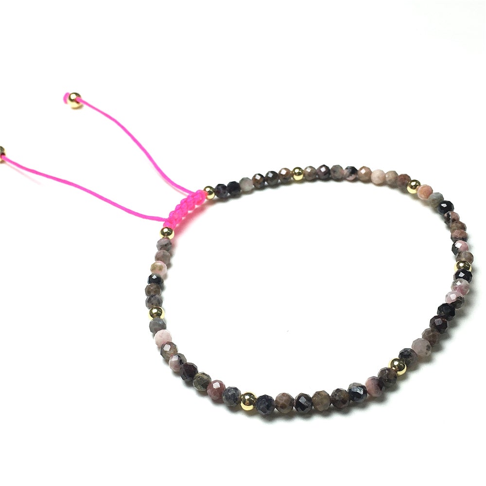 Natural Pink Rhodonite Gemstone Braid Rope Macrame Adjustable Bracelet Tiny Beads Gemstone Bracelet with Gold Beads Spacer