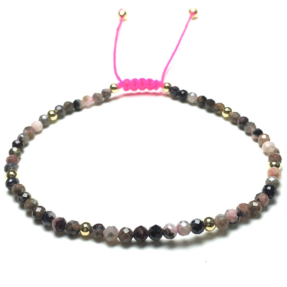Natural Pink Rhodonite Gemstone Braid Rope Macrame Adjustable Bracelet Tiny Beads Gemstone Bracelet with Gold Beads Spacer