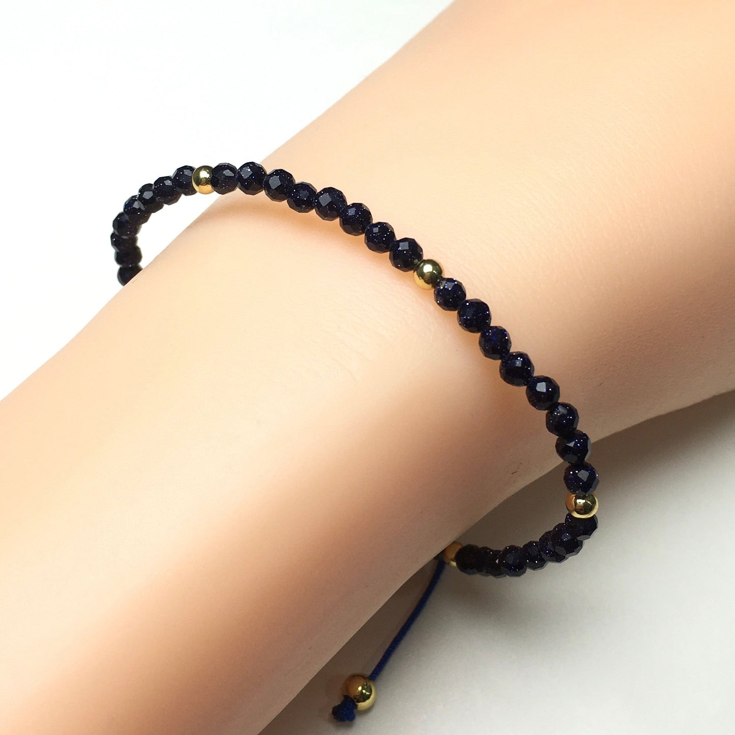 Natural Blue Sandstone Gemstone Braid Rope Macrame Adjustable Bracelet Tiny Beads Gemstone Bracelet with Gold Beads Spacer