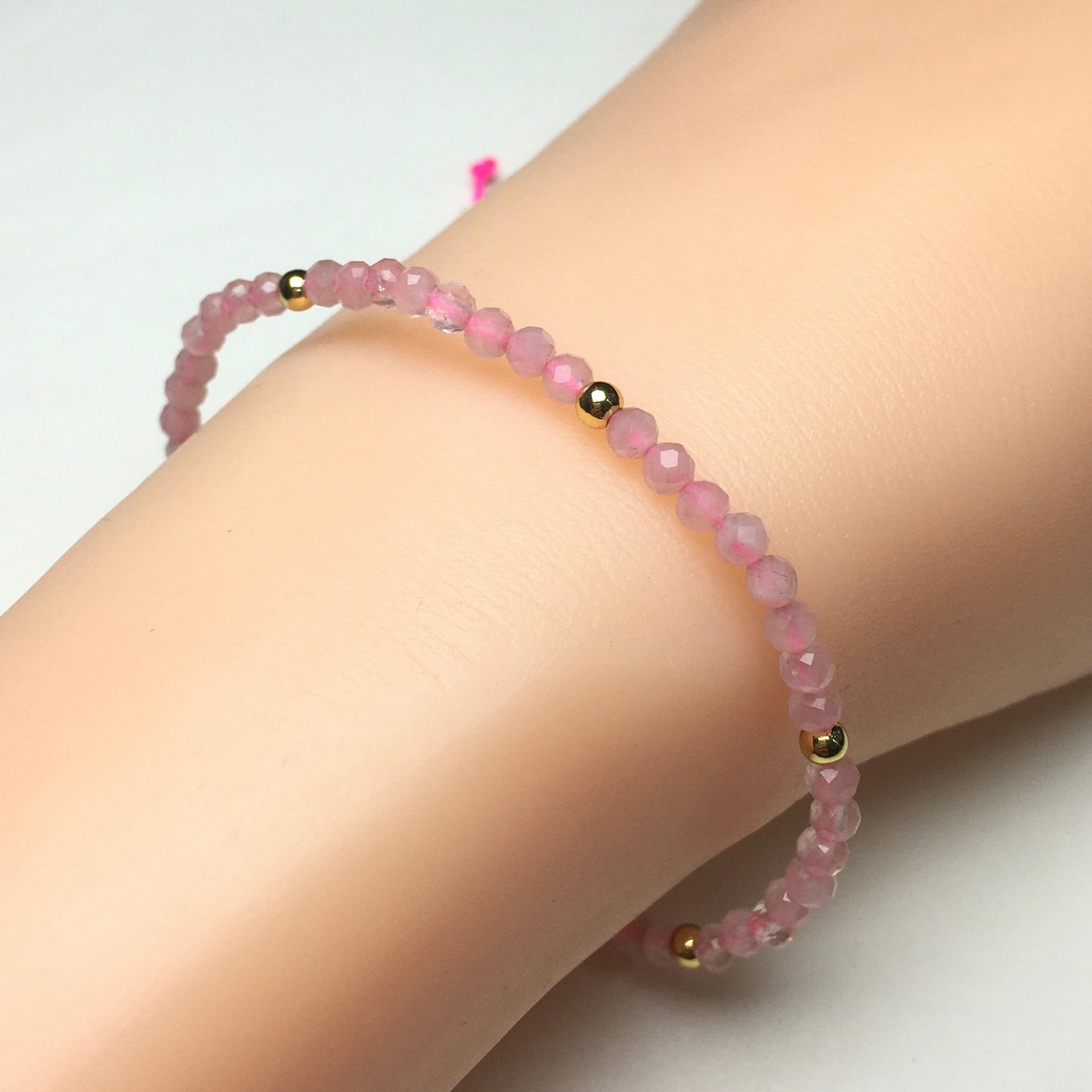 Natural Pink Rose Quartz Gemstone Braid Rope Macrame Adjustable Bracelet Tiny Beads Gemstone Bracelet with Gold Beads Spacer