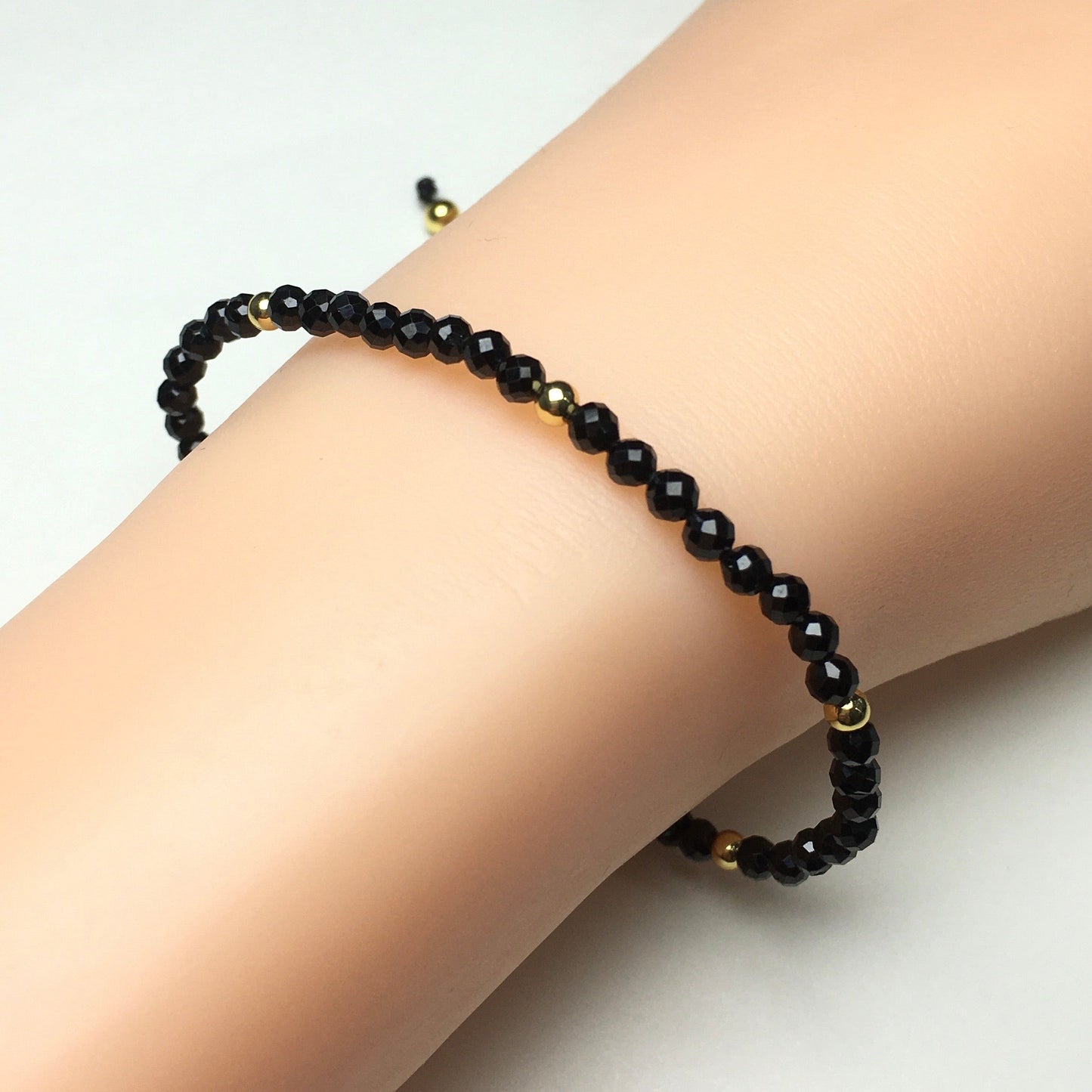 Natural Black Spinel Gemstone Braid Rope Macrame Adjustable Bracelet Tiny Beads Gemstone Bracelet with Gold Beads Spacer