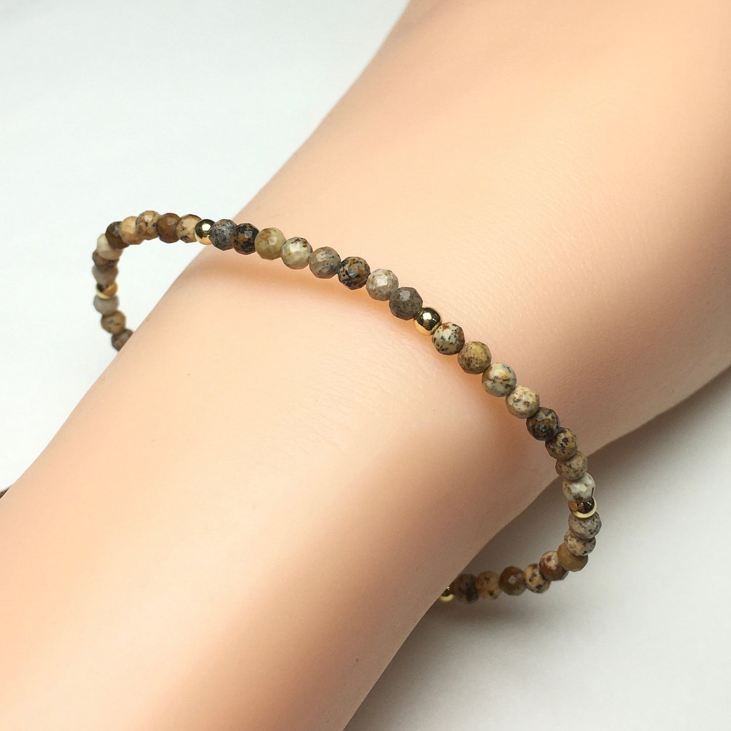 Natural Picture Jasper Gemstone Braid Rope Macrame Adjustable Bracelet Tiny Beads Gemstone Bracelet with Gold Beads Spacer