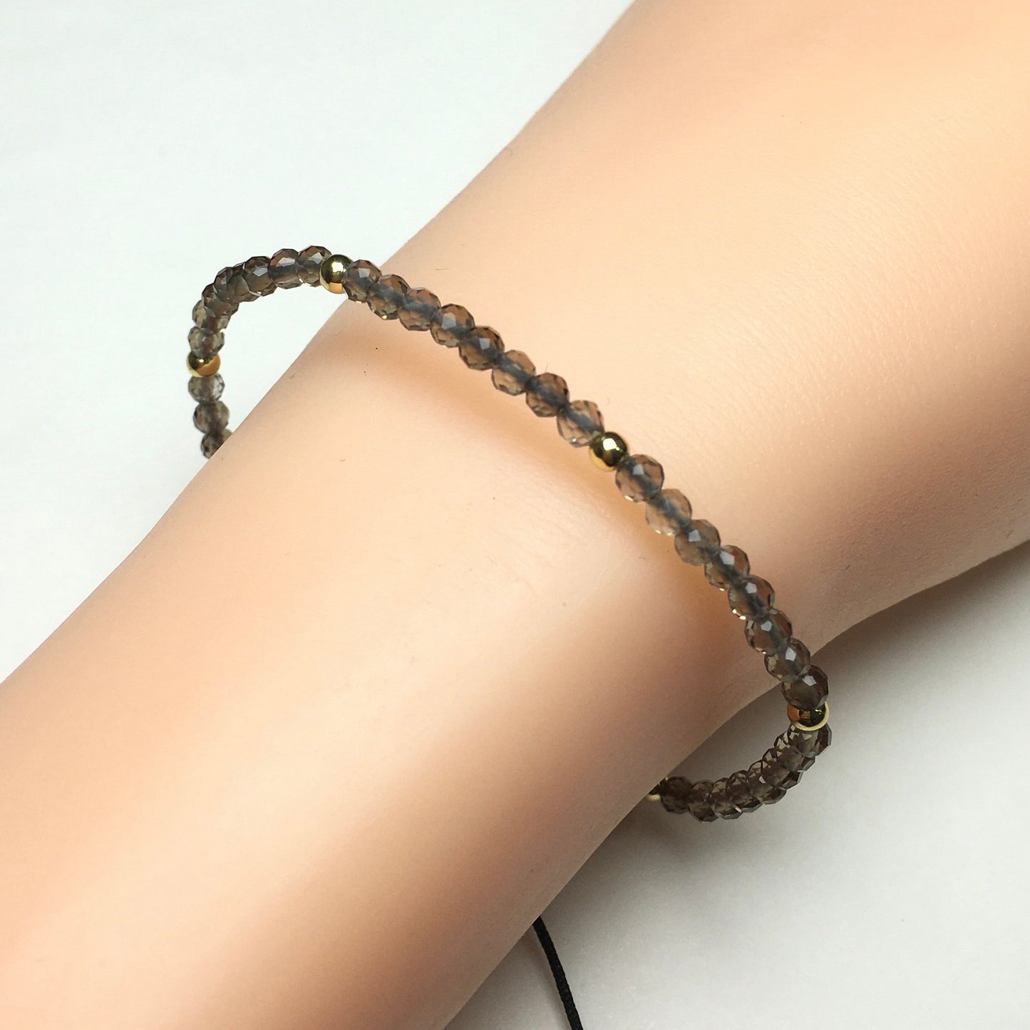 Natural Smoky Quartz Gemstone Braid Rope Macrame Adjustable Bracelet Tiny Beads Gemstone Bracelet with Gold Beads Spacer
