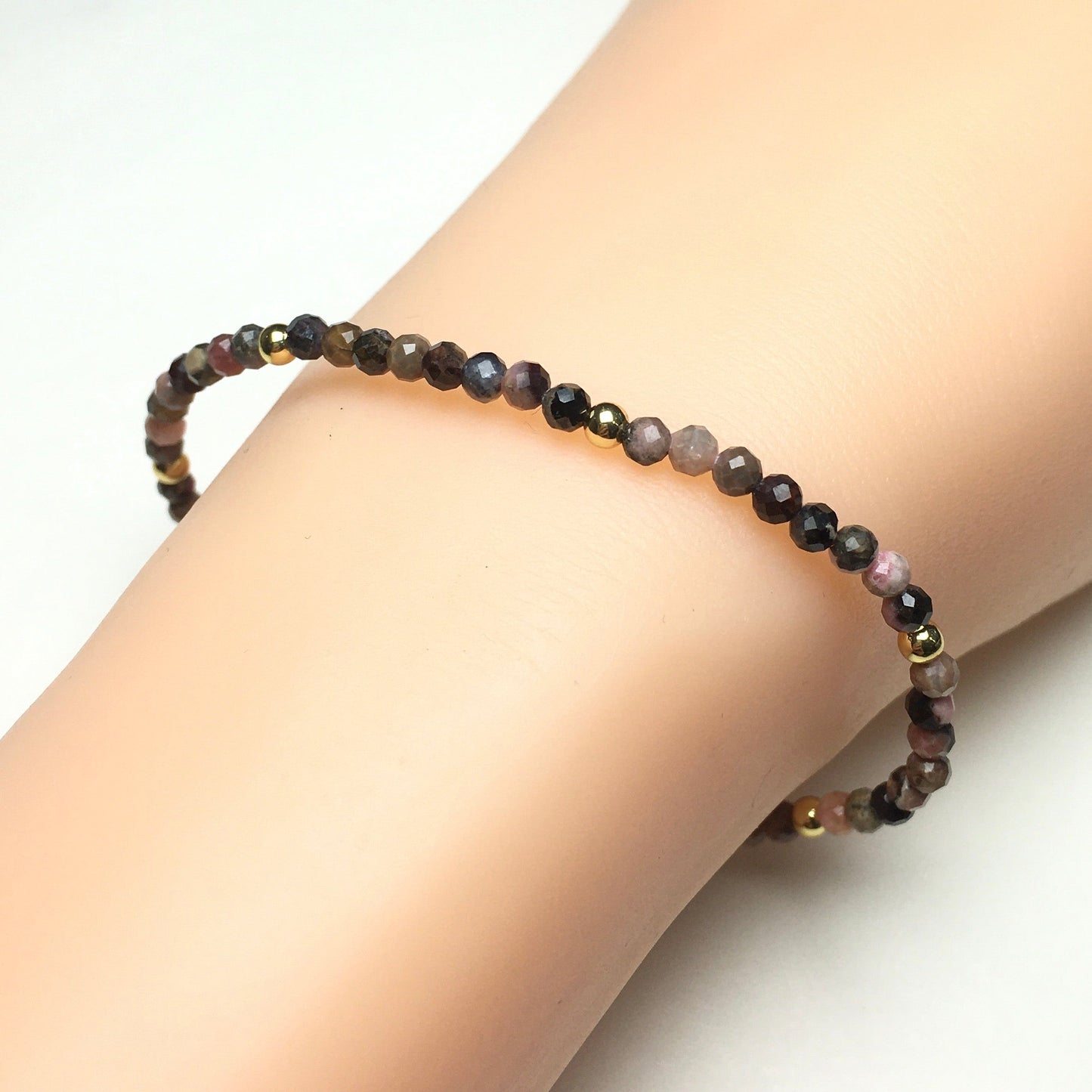 Natural Pink Rhodonite Gemstone Braid Rope Macrame Adjustable Bracelet Tiny Beads Gemstone Bracelet with Gold Beads Spacer