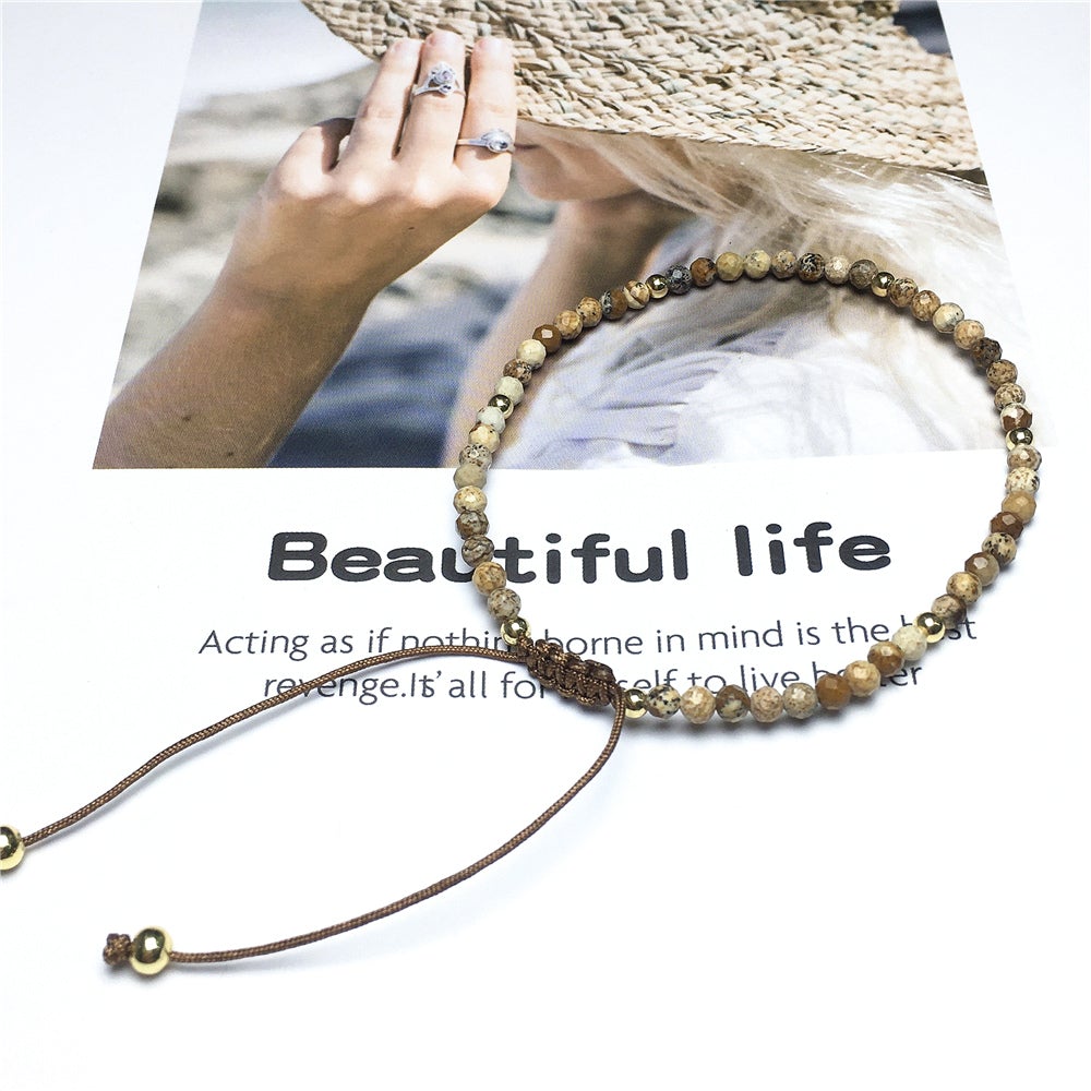 Natural Picture Jasper Gemstone Braid Rope Macrame Adjustable Bracelet Tiny Beads Gemstone Bracelet with Gold Beads Spacer
