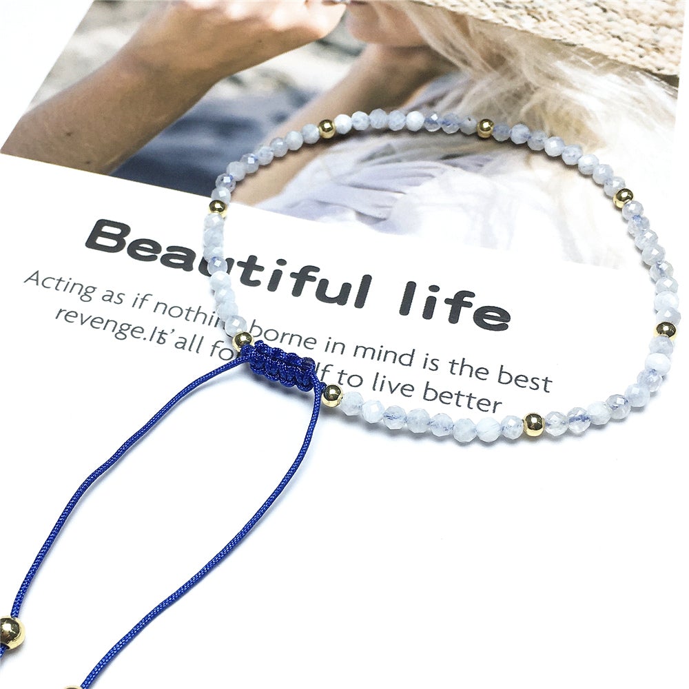 Natural Moonstone Gemstone Braid Rope Macrame Adjustable Bracelet Tiny Beads Gemstone Bracelet with Gold Beads Spacer