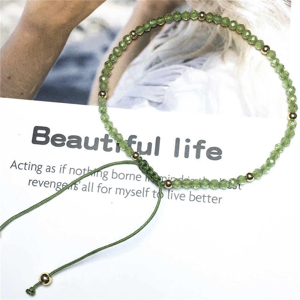 Natural Peridot Gemstone Braid Rope Macrame Adjustable Bracelet Tiny Beads Gemstone Bracelet with Gold Beads Spacer