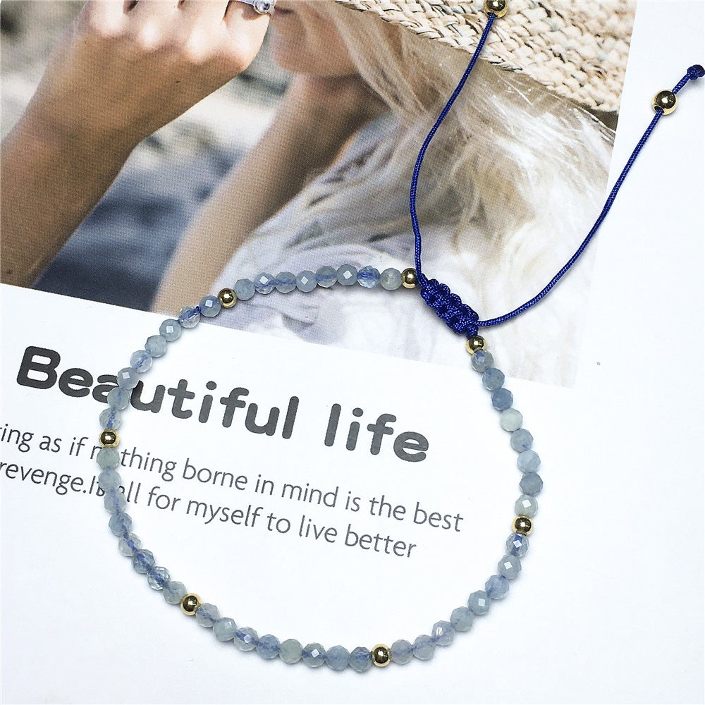 Natural Aquamarine Gemstone Braid Rope Macrame Adjustable Bracelet Tiny Beads Gemstone Bracelet with Gold Beads Spacer