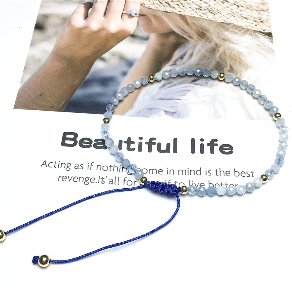 Natural Aquamarine Gemstone Braid Rope Macrame Adjustable Bracelet Tiny Beads Gemstone Bracelet with Gold Beads Spacer
