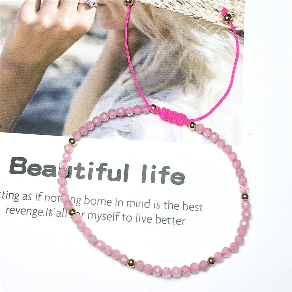 Natural Pink Rose Quartz Gemstone Braid Rope Macrame Adjustable Bracelet Tiny Beads Gemstone Bracelet with Gold Beads Spacer