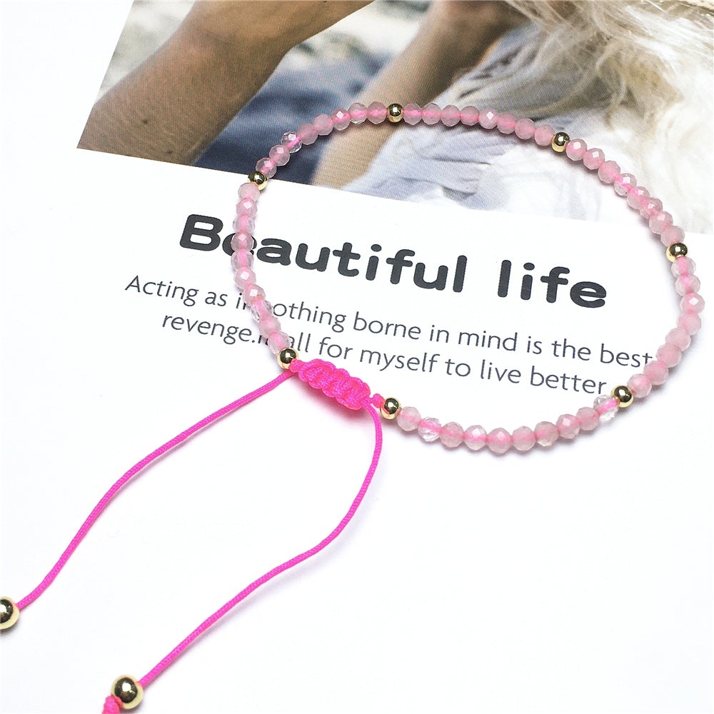 Natural Pink Rose Quartz Gemstone Braid Rope Macrame Adjustable Bracelet Tiny Beads Gemstone Bracelet with Gold Beads Spacer